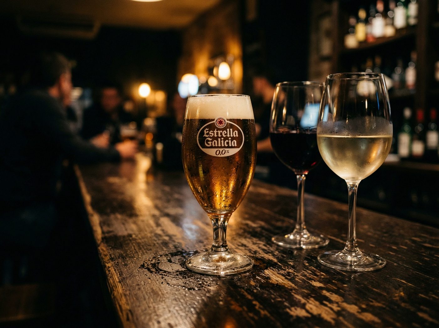 Caña y copas de vino sobre la barra de Mamahuhu